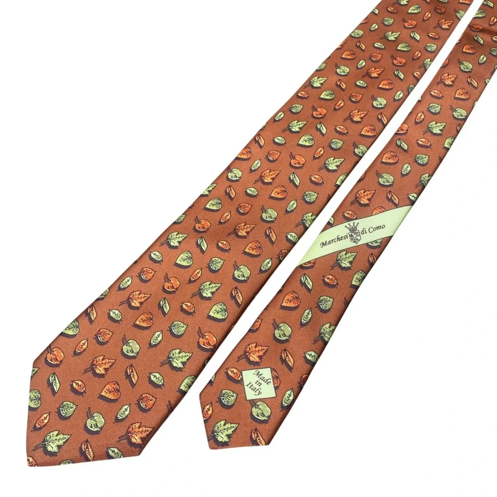 Marchesi di Como Men Burnt Orange Silk Autumn Leaf Print Tie Made in Italy